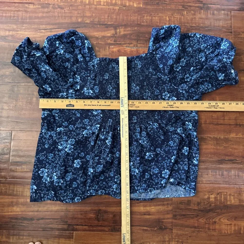 Old Navy Womens Plus 3X Floral Top Peasant Milkmaid Blue Cottagecore Shirred